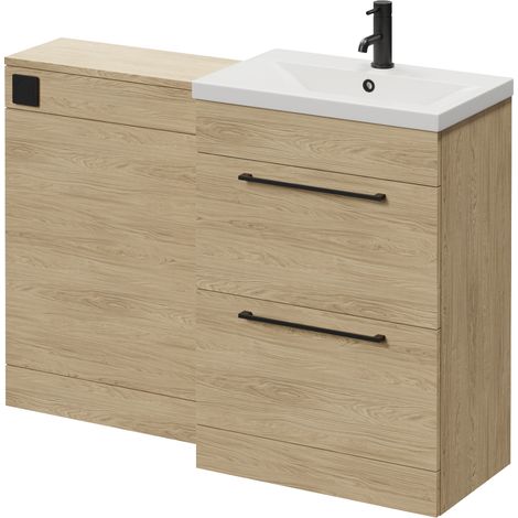 Napoli 390 Cento Light Oak 1200mm 2 Drawer Vanity Unit Toilet Suite with Glide Basin - 1200mm - Matt Black 320mm HandleWithout Kingston Toilet Pan