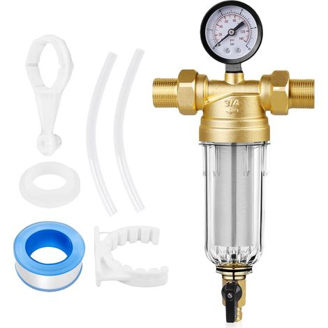 Wasserfilter, Edelstahl 304, integriertes Manometer, Messing, für Haushalt und Haushaltsgeräte (1/5)