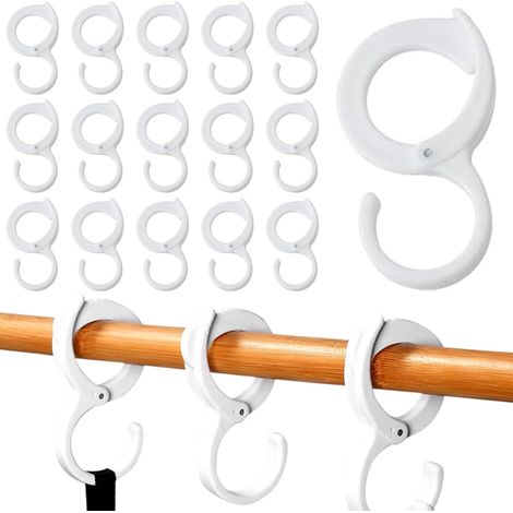 Set di 15 ganci appendiabiti bianchi con anelli - Realizzati in plastica anticaduta - Gancio grande per asta appendiabiti - Per armadio, cucina, camera da letto, bagno, giardino (1/5)