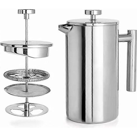 1 Liter (8 Cups), Double Wall Insulated 304 Stainless Steel French Press Coffee Maker, French Press with 1 Extra Filter, 3 Tier Filtration System, Sil (1/4)