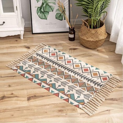 Petit Tapis marocain bohème coloré avec Pompons Tissage Plat et imprimé géométrique Lavable en Machine, pour Chambre à Coucher, Cuisine, entrée ou Couloir 60 x 90 cm (1/5)