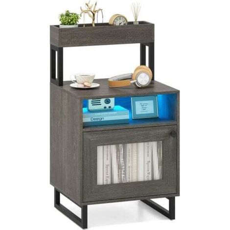 Chambre, salon ou bureau - table d'appoint LED avec rangement, télécommande et cadre métal gris (1/5)