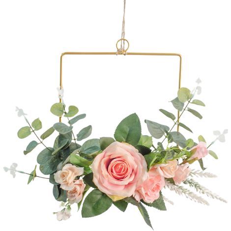Künstlicher Blumenkranz in Kreisform mit geometrischem Metallrahmen zur Wandmontage. Wanddekoration für Zuhause. (1/5)