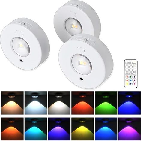 Paquete de 3 focos LED RGB regulables tipo puck para debajo de los gabinetes, con control remoto, luz cálida, luz diurna, blanco frío + RGB (1/5)