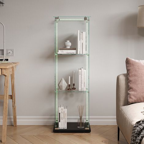 Vitrines en verre, 3 étagères, Vitrine avec bande lumineuse LED, Verre Trempé, 39.8 x 35 x 123.3cm, Noir