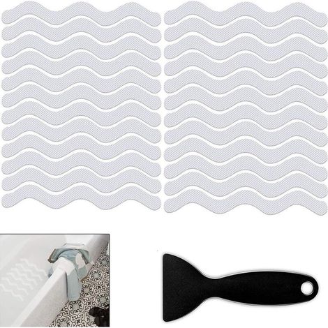 24 Pièces Autocollants Antidérapants, Bandes Adhésives Antidérapantes pour Baignoire avec Grattoir, Autocollants de Douche Antidérapants pour Baignoire, Douches, Escaliers, Imperméable (Transparent) (1/4)