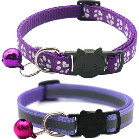 Lot de 2 colliers réfléchissants à libération rapide pour chat avec clochette (violet) (1/5)