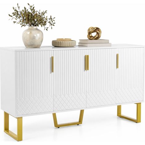 Credenza moderna lucida bianca con 4 ante, motivo geometrico 3D, maniglie e gambe in metallo, ampio spazio contenitivo, 140 x 40 x 80 cm - CHICFURN (1/5)