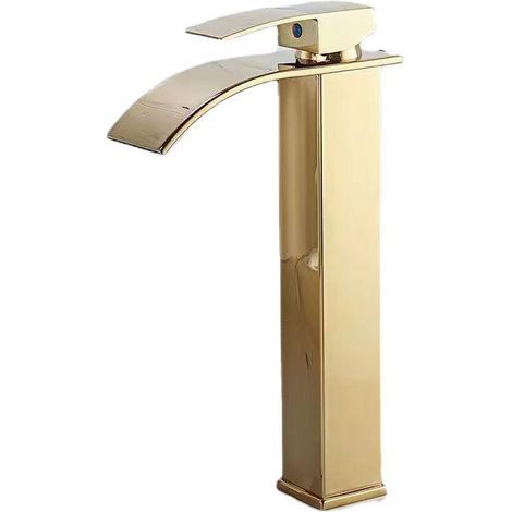 Robinet cascade laqué or, mitigeur lavabo monotrou chaud-froid, robinet d'évier comptoir design, équipement salle de bains, finition dorée rehaussée (1/4)