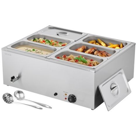 Calentador de Alimentos 1500 W, de Acero Inoxidable, con Tapa, para 6 Sartenes, para Bufé de Encimera, Baño María con Cucharones para Sopa y Perforados, para Catering, 710 x 568 x 280 mm (1/5)
