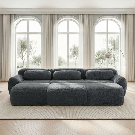 Divano modulare in tessuto plush grigio, design senza struttura rigida, 3 posti