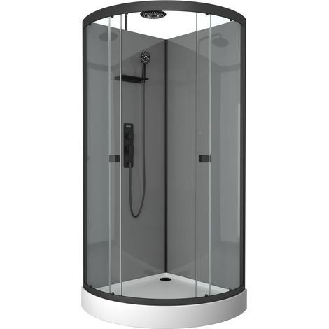 Marwell Komplettdusche Grey Style Round 215x90x90cm - Fertigdusche mit 5mm gehärtetem Glas - mit Regal Ablagefläche für Duschutensilien - hochwertige Aluminiumrahmen (1/4)