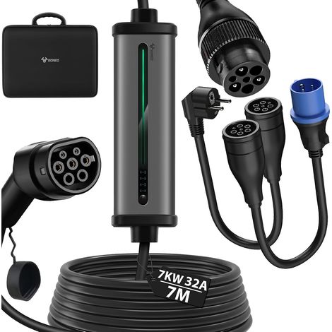 Electric Car Charger, 7.2kW EV Charger Type 2 8-32A 7M Fast Electric Car Charging Cable IEC 62196-2 with Schuko Plug and CEE Plug with LED Indicator Compatible with Model Y/3 EV and Phev (1/5)