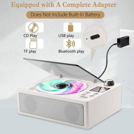 Lecteur CD portable avec télécommande, batterie rechargeable, compatible USB/SD, écran LCD, petit lecteur CD rétro compact, son stéréo double pour la maison et l'extérieur, blanc (1/5)