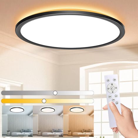 Plafonnier LED 24W dimmable avec télécommande, luminaire rond noir pour salle de bain, chambre, salon, cuisine, couloir. (1/5)