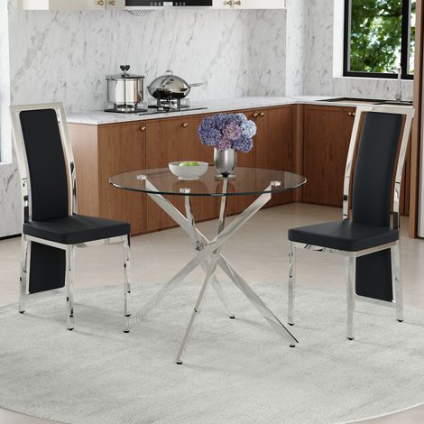 Esstisch- und Stuhl-Set aus Glas, Metall und PU-Leder Schwarz/Silber, Ø88x75 cm, 1 Tisch + 2 Stühle, MIVRAY