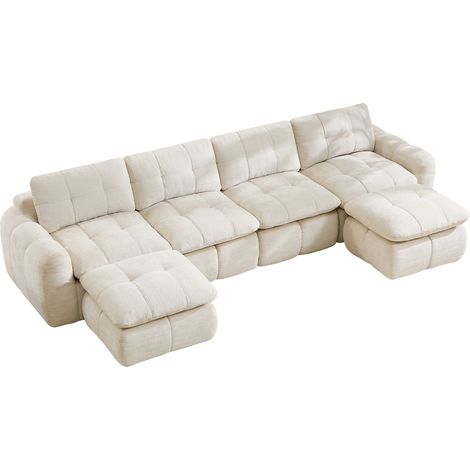 Modulares U-Sofa mit 4 Sitzen aus beigefarbener Chenille, ohne Montage, mit 2 Hockern (1/5)