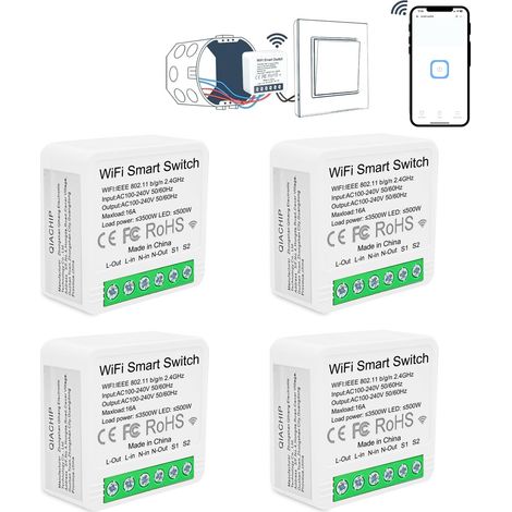 Commutateur Wifi Intelligent Interrupteur d'éclairage 4 modules Relais,16A DIY Interrupteur Connecté, Compatible avec APP (1/5)