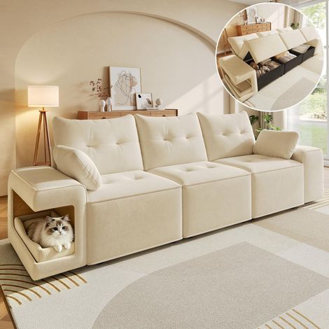 Canapé modulable 3 places velours style nuage avec coffre de rangement, 2 coussins et niches pour animaux, beige (1/5)