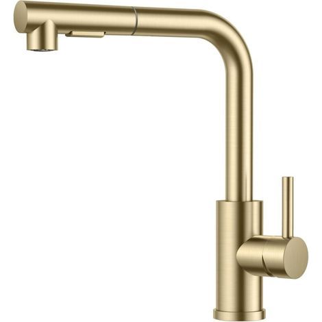 Robinet Cuisine, Mitigeur Cuisine avec Douchette Extractible, 2 Modes de Pulvérisation et Pivotante à 360°, En Forme de L Acier Inoxydable Monolevier Robinet Evier, Or Brossé (1/5)
