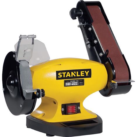 Stanley Doppelschleifmaschine mit Bandschleifer 150 mm, 330W, Schleifscheibe und Schleifband 50 x 686 mm, mit Schutzhauben, für Schleifen Entgraten Metall Holz Kunststoff