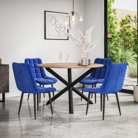 Malvern Round Dining Table And Chairs -  Oak Table Top w Solid Black Oak Legs + Nova Velvet Dining Chair Set Of 4 (Blue) (1/5)