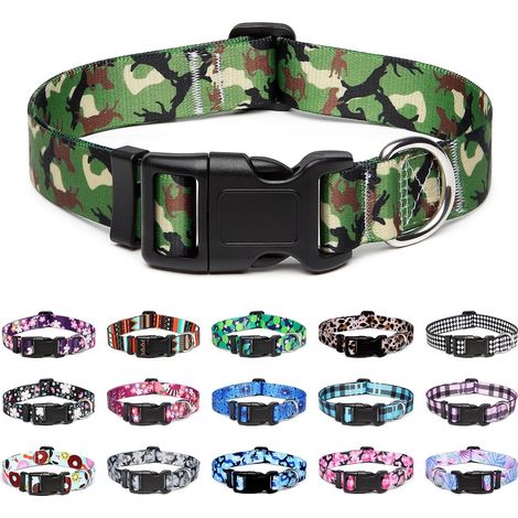 Collier pour Chien, Collier Classique en Nylon Réglable, Fleur, Océan, Forêt, Tribal Design, Tournesol, Flora, Léopard, pour Petits, Moyens et Grands Chiens (S, Camouflage Vert) (1/5)