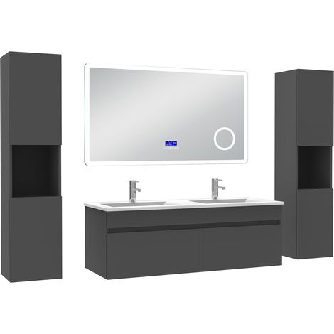 Ocean Ensemble meuble 120 cm anthracite, lavabo céramique + 2 colonnes hautes + Miroir salle de bain Bluetooth avec 3 couleurs dimmable, suspendu