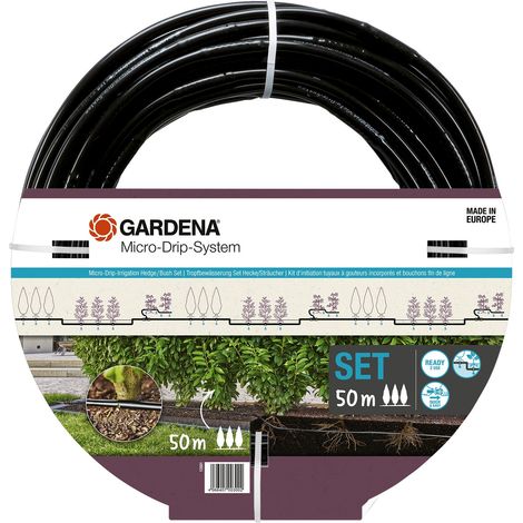 GARDENA Kit d'initiation 50 m de tuyau à goutteurs incorporés et bouchon fin de ligne. Pour les haies, buissons et arbustes. Jusqu'à 50 m. Kit prêt à l'emploi. (13501-20)