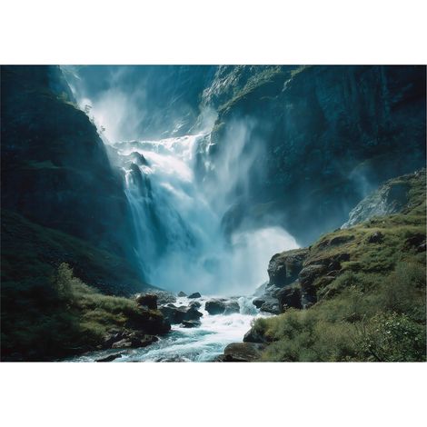 Fototapete Wasserfall Wald Natur – Großformat Wandtapete 150x105 cm – Für Wohnzimmer & Schlafzimmer