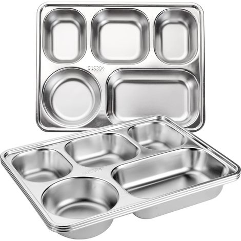 Planche de séparation en acier inoxydable JeiibrZui - 28,5 x 22 cm - 3 pièces - 5 compartiments - Argent - Idéale pour le contrôle des portions, le camping et les repas sains (1/5)