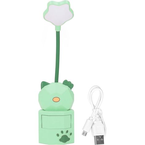 Lampe de Bureau LED avec Chargeur USB, Lumière Chaude, Design Mignon Cartoon, Protection des Yeux, Boîte de Rangement Verte