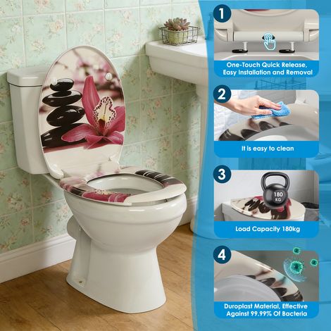 Abattant de toilette rond en urée-formaldéhyde, robuste et à fermeture douce, avec charnières à dégagement rapide. (1/5)