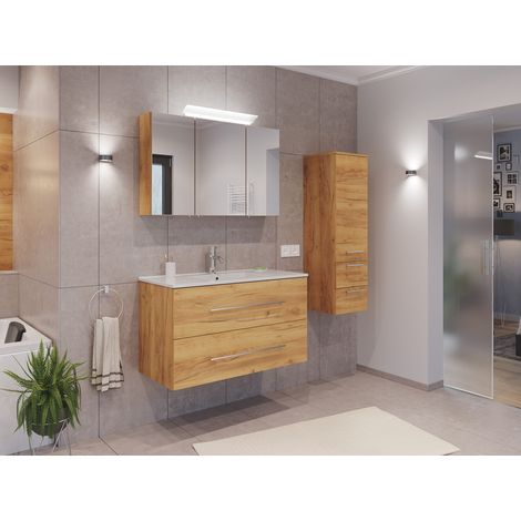 Badmöbel Set Firenze 100 3tlg. Spiegelschrank und Seitenschrank eiche gold