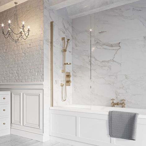 Orbit Thalia Brushed Brass Single Panel Bath Screen 800mm x 1500mm - 8mm Glass