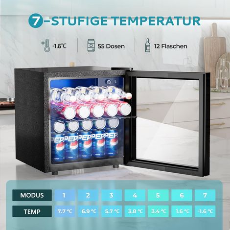 EUHOMY Getränkekühlschrank, Mini Kühlschrank mit Glastür, Bierkühler, Tisch-Getränkekühlschrank für 55 Dosen, Schwarz Freistehender Kühlschrank mit LED, 38dB, für Büro, Zimmer, Bar, 36L, Geräuscharm,A