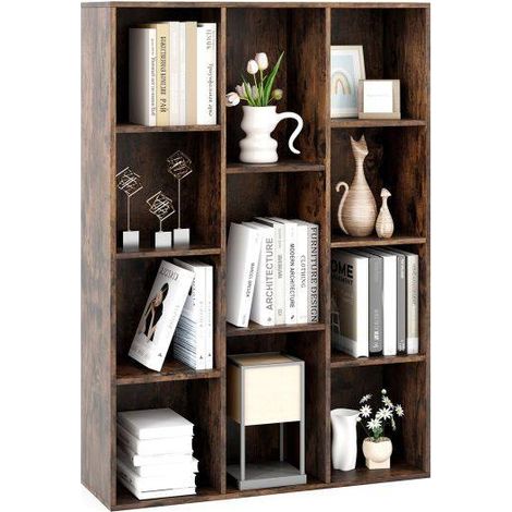 Bibliothèque marron à 11 cases avec installation verticale ou horizontale et kits anti-basculement pour salon et bureau (1/5)