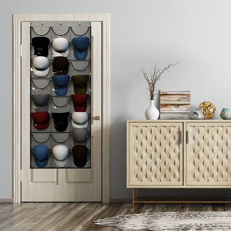 Porte-manteaux mural 24 poches rangement casquettes, gris 70x164cm, tissu grille, organisateur chapeaux (1/4)