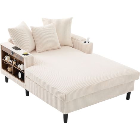 Chaiselongue de corduroy beige con USB, LED, portavasos, almacenaje y patas de plástico (1/5)