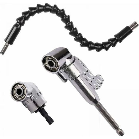 Foret à Angle Droit (1PCS Court + 1PCS Longue)et 1pc d'arbre Flexible Visseuse kit Renvoi d'Angle de 105 Degrés Magnétique Changement Rapide Hex 6mm de 1/4- inch Perceuse Electrique Acce (1/3)