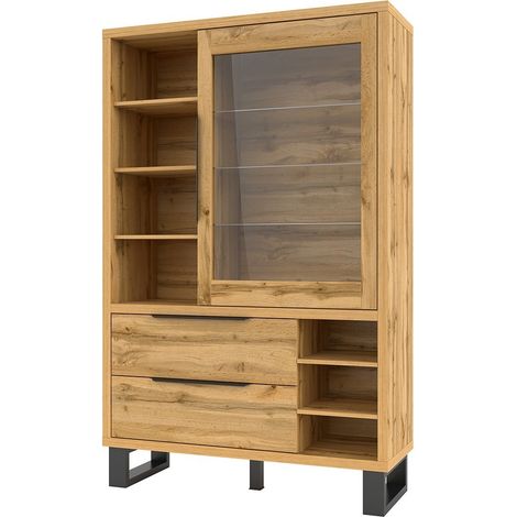 Vitrina, mueble para vajilla, aparador MILO. Color roble y acabados en negro. Mueble ideal para su comedor.
