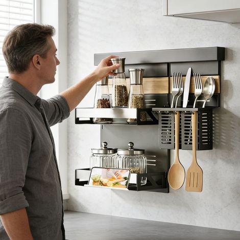 doporro Küchen Organizer aus Metall, Gewürzregal Wand ohne Bohren, Küchenreling 52 cm mit 2-stöckigem Gewürzregal, Phone-Ablage und 2 Besteckhalter, Grau Reglo Schiene 52cm