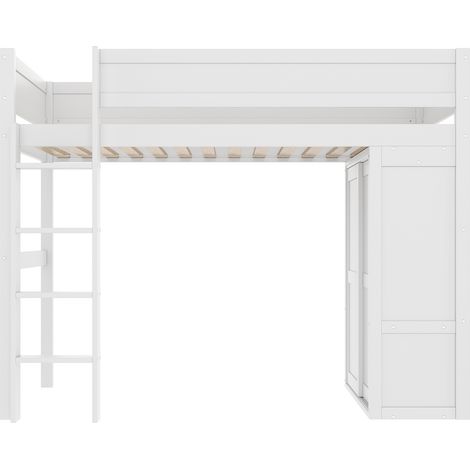 Cama alta infantil 90 x 200 cm con armario y almacenaje, madera de pino y MDF, blanca (1/5)