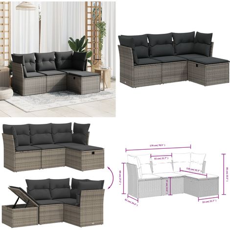 Salon de jardin 4 pcs avec coussins gris résine tressée - Ensemble Salon De Jardin - Meubles De Jardin - Salon Extérieur - Canapé Jardin - Résine Tressée - Home & Living (1/5)
