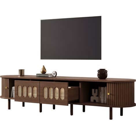 Meuble TV avec 2 Tiroirs et 2 Portes Tambour, Style Rétro, pour Salon, en MDF, Noyer, 180×40×40 cm (1/5)