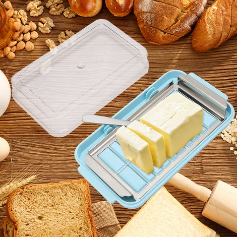 Boîte à beurre en acier inoxydable, récipient de rangement pour fromage avec couvercle transparent pour la cuisine, châssis bleu (1/5)
