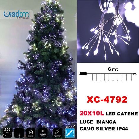 Wisdom - Catena Luminosa 200led 20x10luci Con Ciuffi Luce Bianca Cavo Silver Ip44 Xc-4792 -