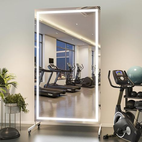 Hasipu 170 x 100 cm Ganzkörperspiegel mit Beleuchtung, 360° Drehbar Groß Standspiegel mit Rollen, Gehärtetes Glas LED Home Gym Spiegel Tanzspiegel für Schlafzimmer Fitnessraum Yoga
