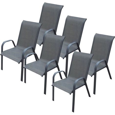 Chaises de jardin - JUANIO - Lot de 6 - Empilables avec accoudoirs - Métal & textilène - Noir (1/4)