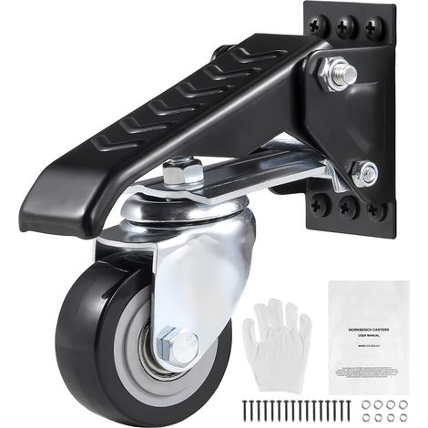 Roulettes pour établi, capacité 74,8 kg, lot de 4, roulettes rétractables robustes de 6,3 cm, montage latéral avec pivotement à 360°, pour établis, tables et équipements. (1/5)
